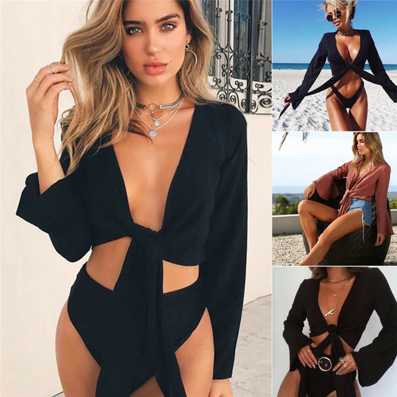 

2019 Korean Women Chiffon Off Shoulder V Neck Crop Tops Bandage Modis Puff Sleeve Femme Tops Short Tunic Mujer Women Clothes