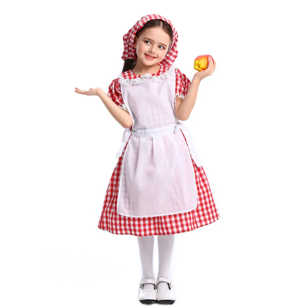 

Child Medieval Farm Maid Costume Oktoberfest Girl Red Plaid Dirndl Dress Halloween Party Fancy Dress