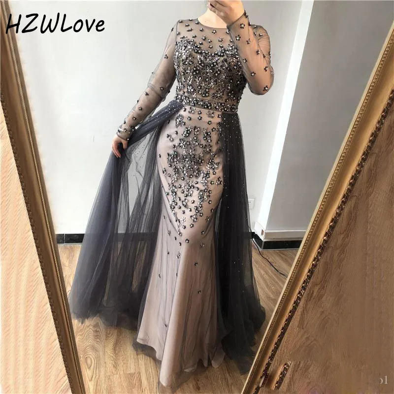 

Elegant Illusion Full Sleeves Evening Dresses Sheer Neck Beads Sequins Overskirts Prom Dress Tulle Mother Of The Bride Gowns