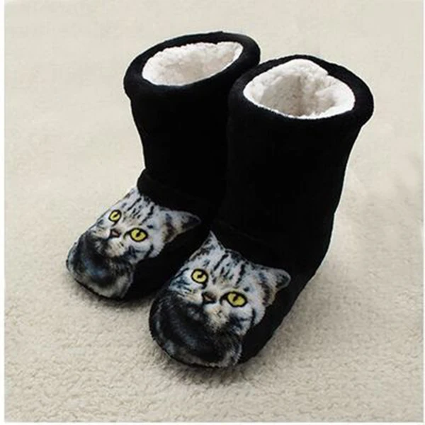 Black Shoes Женские тапочки; домашняя обувь; зимние домашние тапочки для пар фланелевые теплые туфли на плоской подошве с милым котиком; удобные женские шлепанцы размера плюс 25 - Цвет: Black Shoes