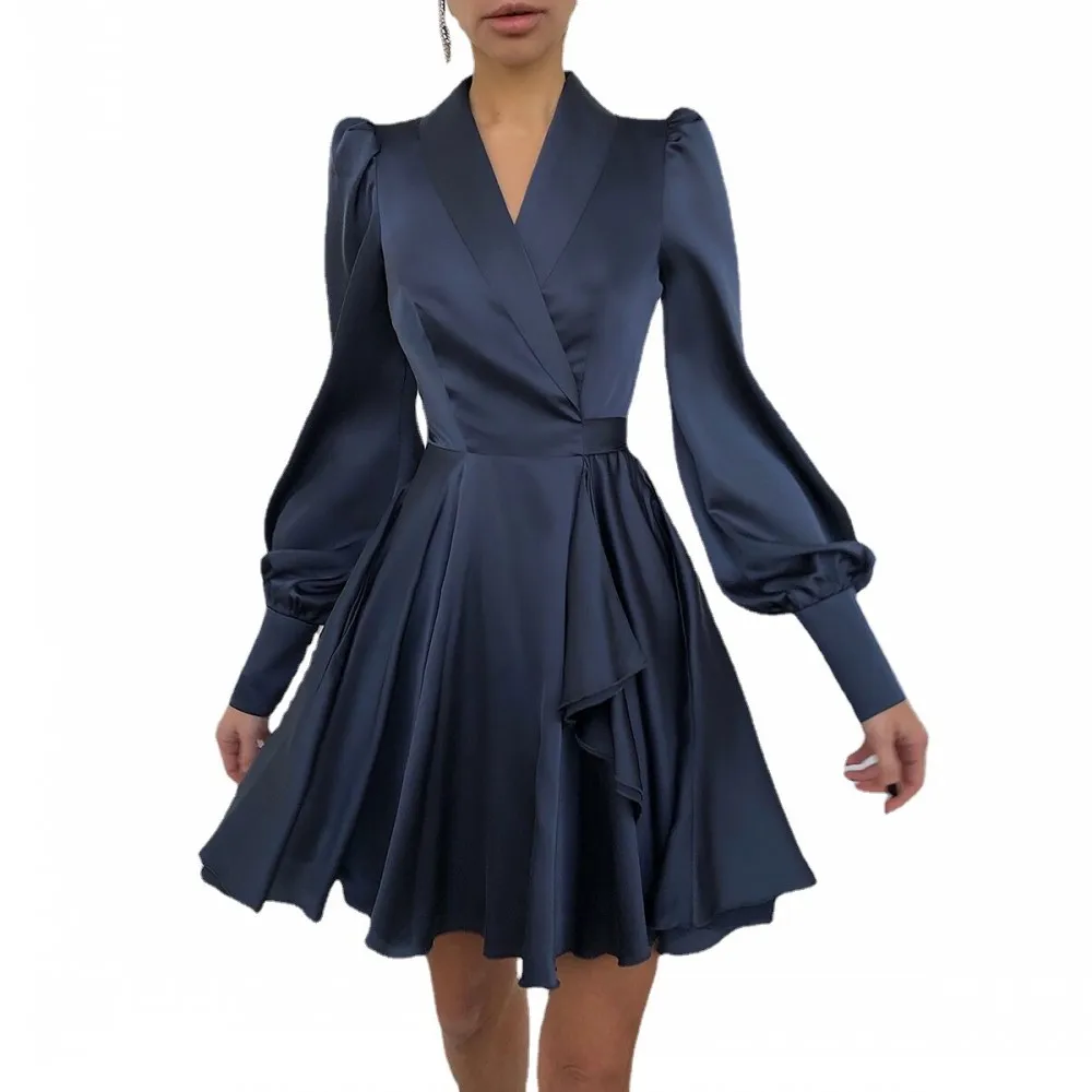 Elegant Women Solid Color Summer Party Dress Lady Office Wear Red V Neck Long Sleeve Dress Vestidos 2021 Fashion Female Clothes