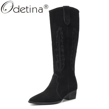 

Odetina Women Fashion Block Mid Heel Slip On Sewing Knee High Boots Ladies Retro Winter Cow Suede Totem Pointed Toe Long Boots