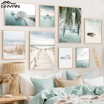 Beach Sea Ocean Canvas Wall Art Poster Bridge Leaves Turtle Seagull Print Painting Vibrant Summer Picture Nordic Home Decoration 1