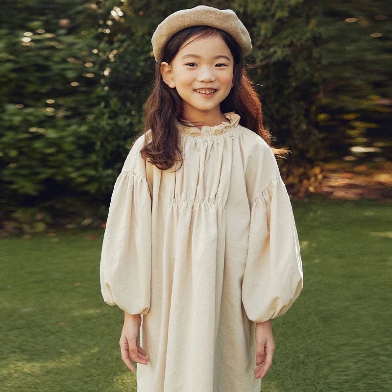 Girls Retro Long-Sleeve Cotton And Linen Dress Spring Autumn Children Lantern Sleeve Casual Loose Princess Dresses