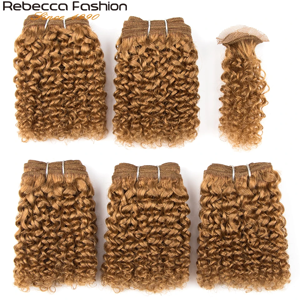 Rebecca 7-7.5" Short Curly Hair Bundles With Closure Remy Human Hair Weave 5 Bundles With Closure 6pc Double Drawn 27 99g P4/27 human hair extensions human hair bundles human hair weave