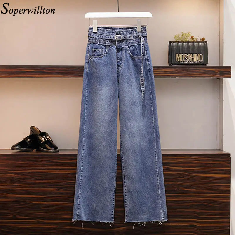 

Women High Waist Jeans Pants Vintage Denim Wide Leg Jeans Blue Loose Full Length Trousers Fashion Plus Size 4XL 5XL Chic Pocket