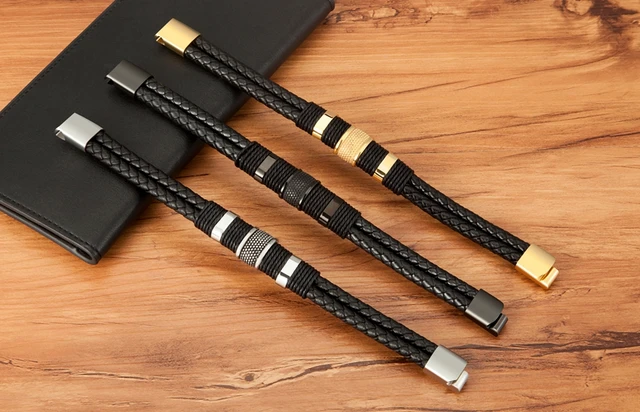 TYO Punk Rope Wrap Stainless Steel Men's Leather Bracelets