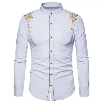 

New Arrival Men Fashion Embroidery Flower Button Stand Collar Long Sleeve Shirt Blouse Top