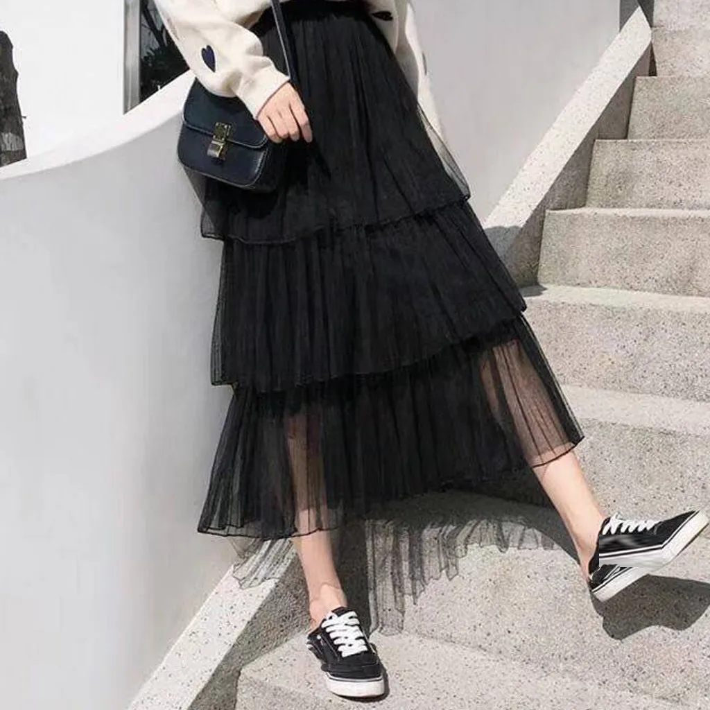 

Spring New Sweet Cake Layered Long Mesh Skirts Princess High Waist Ruffled Vintage Tiered Tulle Pleated ins Skirts long skirt