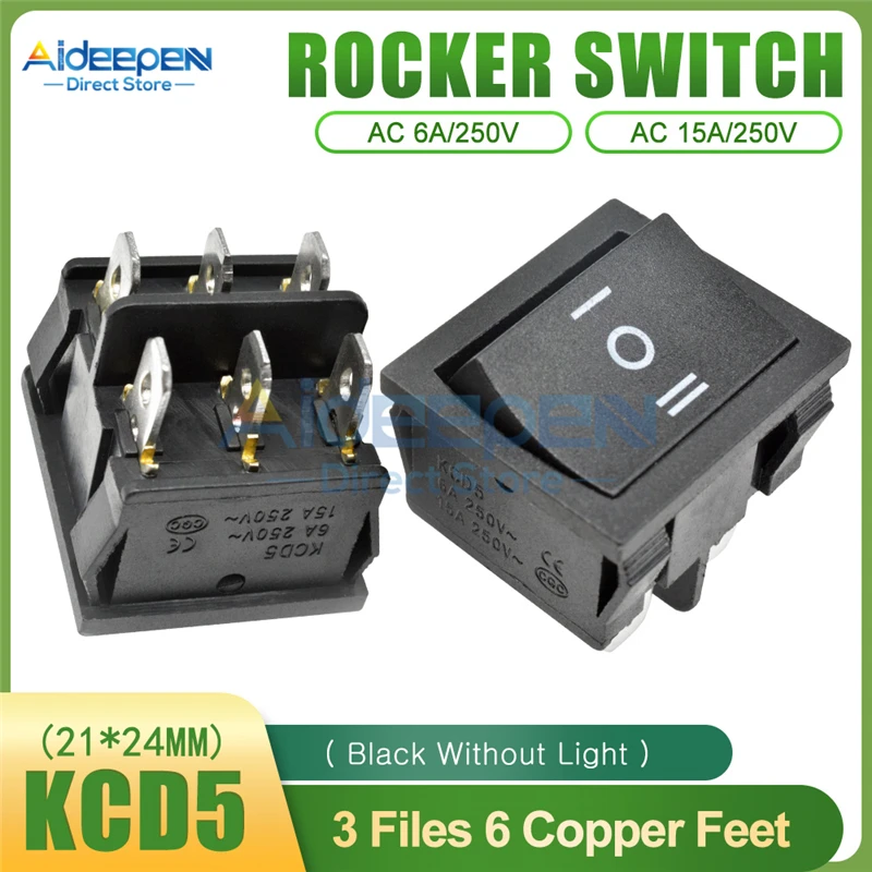 Black NO light 6P KCD5 Rocker Switch 21x24mm AC 15A/250V 6A/250V 2 Files 4 Copper Feet/3 Files 6 Copper Feet Toggle Switch With LED Light - Color: Black NO light 6P