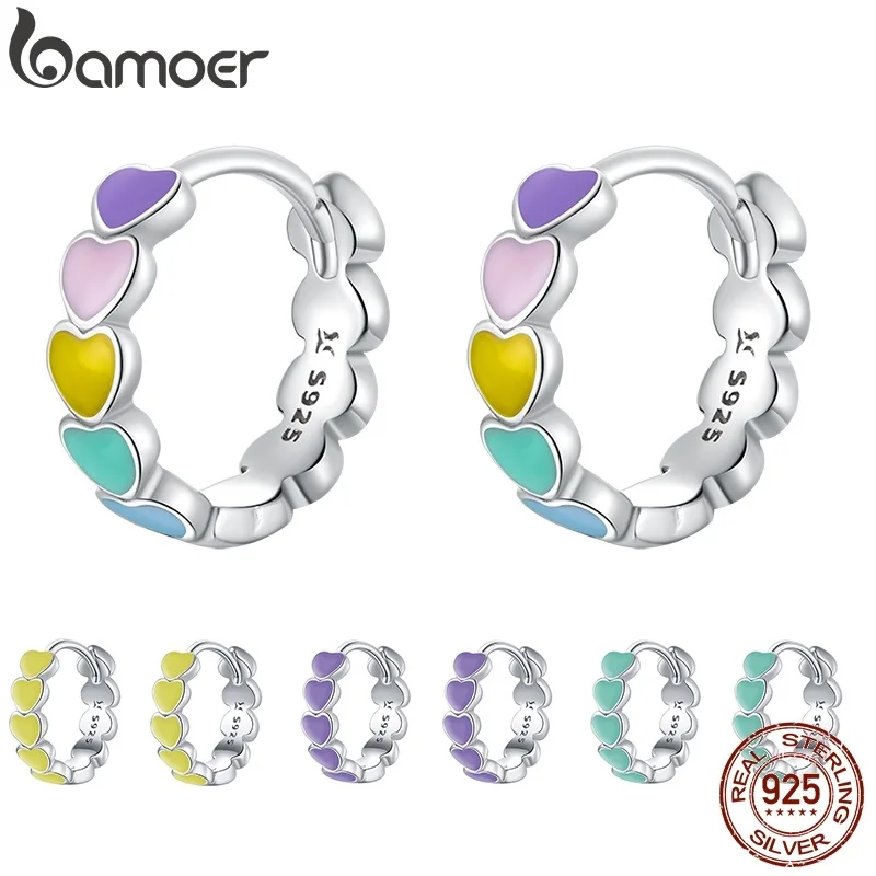 Hoop-Earrings Jewelry Ear-Hoops 925-Sterling-Silver Rainbow-Color Female Heart Bamoer