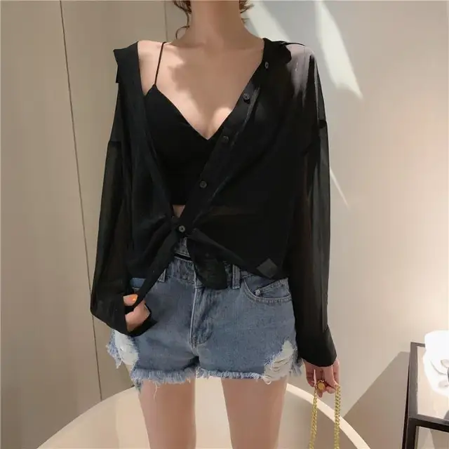 Blouses Women Summer Shirts Thin Loose See through Sunscreen Pure Long Sleeve Sexy Womens Chiffon Korean