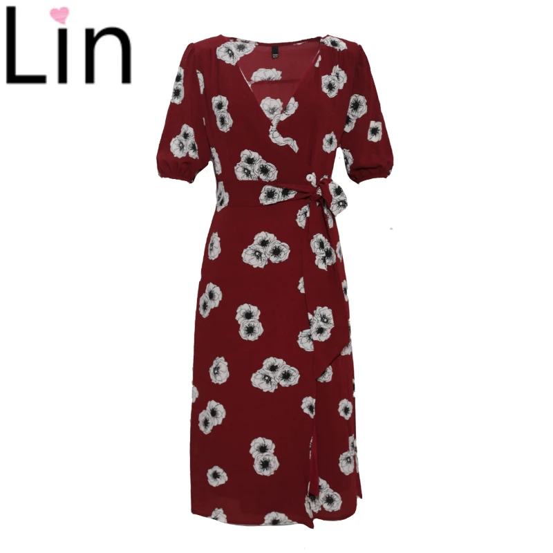 

Fahshion summer Dress vestidos France wine red burgundy print wrap midi dress Chic button and tie in front Dresses