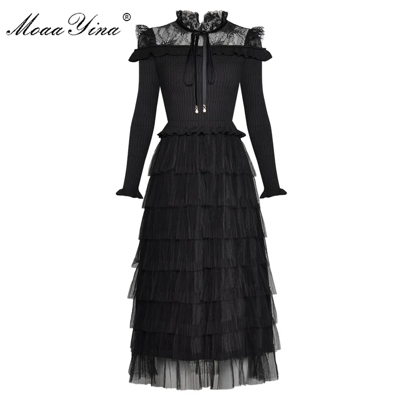 MoaaYina, модное дизайнерское платье, весна-осень, женское платье, вязаное, с длинным рукавом, в стиле пэчворк, Сетчатое, нарядное платье