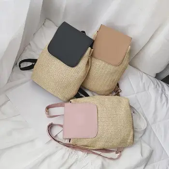 

Fashion Straw Bucket Backpack Women Leather Splicing Buckle Shopping Bags Outdoor Travel Large Capacity Rucksacks