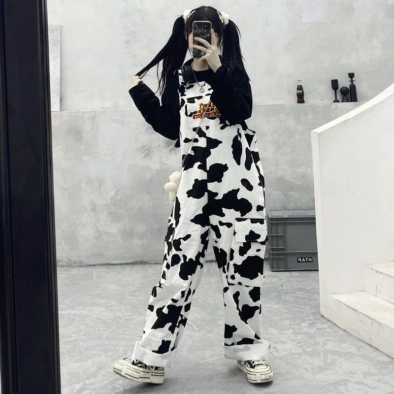 Street Hip-hop Harajuku Girl Cow Print Oneies For Women Black White Plaid Overalls Casual Jumpsuit Trousers Baggy Pants