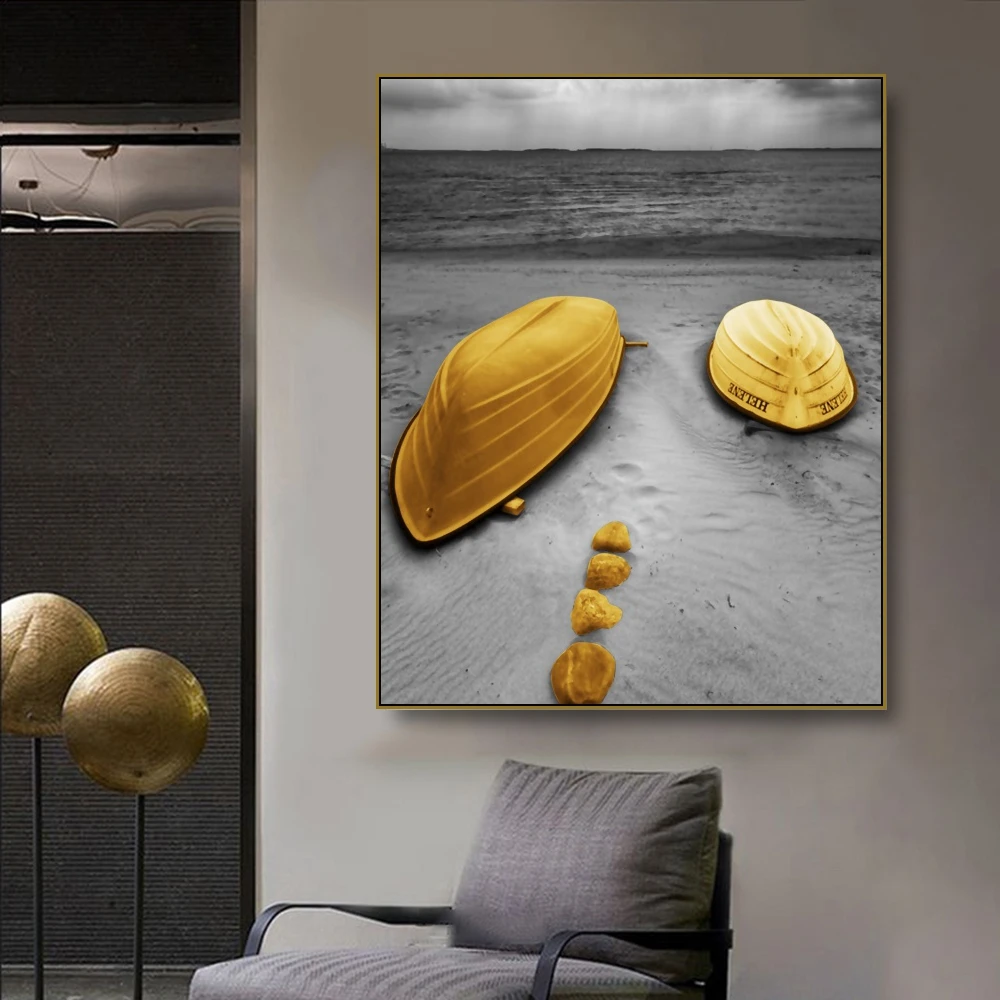 

Laeacco Gold Ship Canvas Painting Calligraphy Wall Art Wall Pictures Posters Print for Living Room Home Decor No Frame