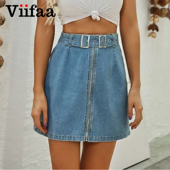 

Viifaa Blue Denim High Waist Zipper Front Mini Jeans Skirts Womens Spring Summer Fashion A Line Skirt with Belt