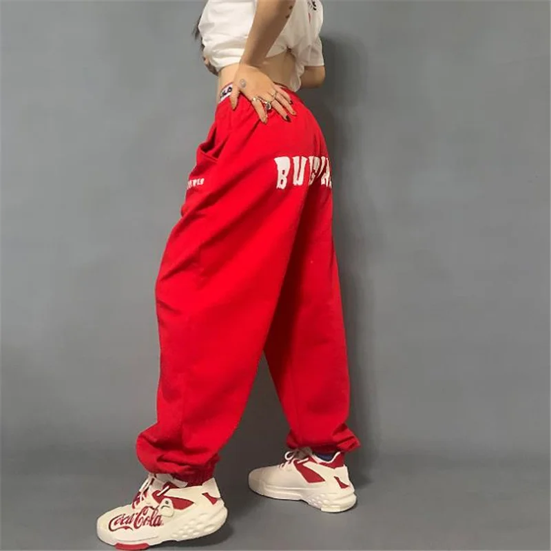 2022 Women's Joggers Pants Loose Jazz hiphop Sweatpants Streetwear Woman Lady Girl Bottoms Trousers Elastic Waist White Red