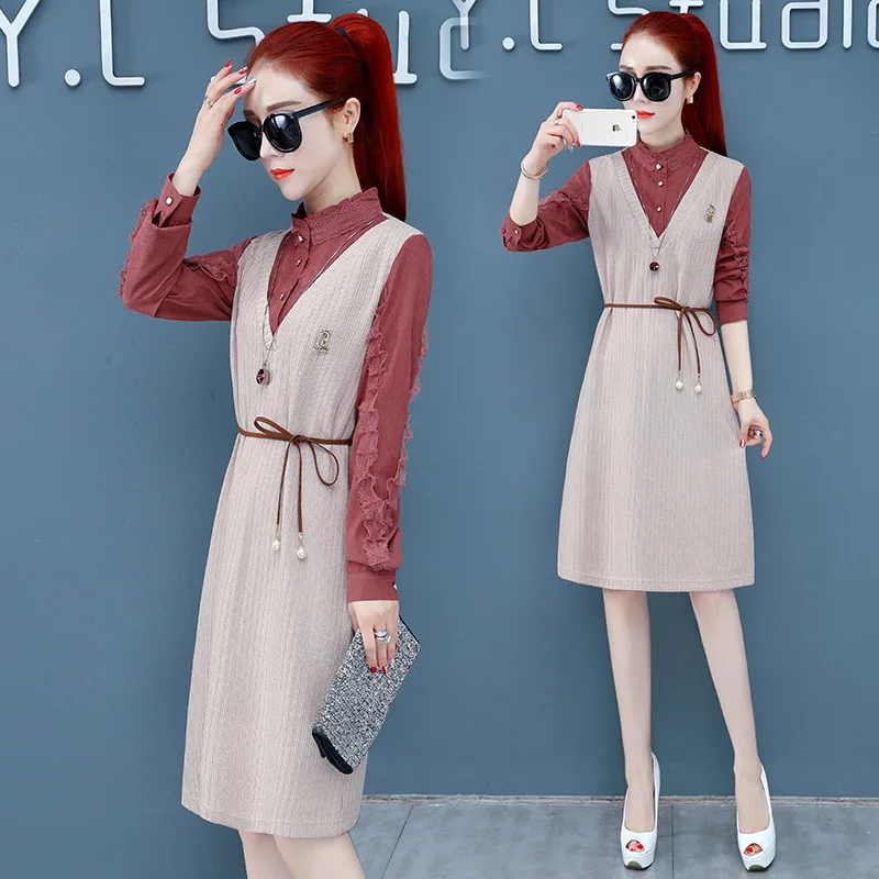 

Jersey Dress Women's Long-Sleeve 2019 Autumn New Style Popular Mid-length Waist Hugging Slimming Western Style Mock Two-Piece Sk