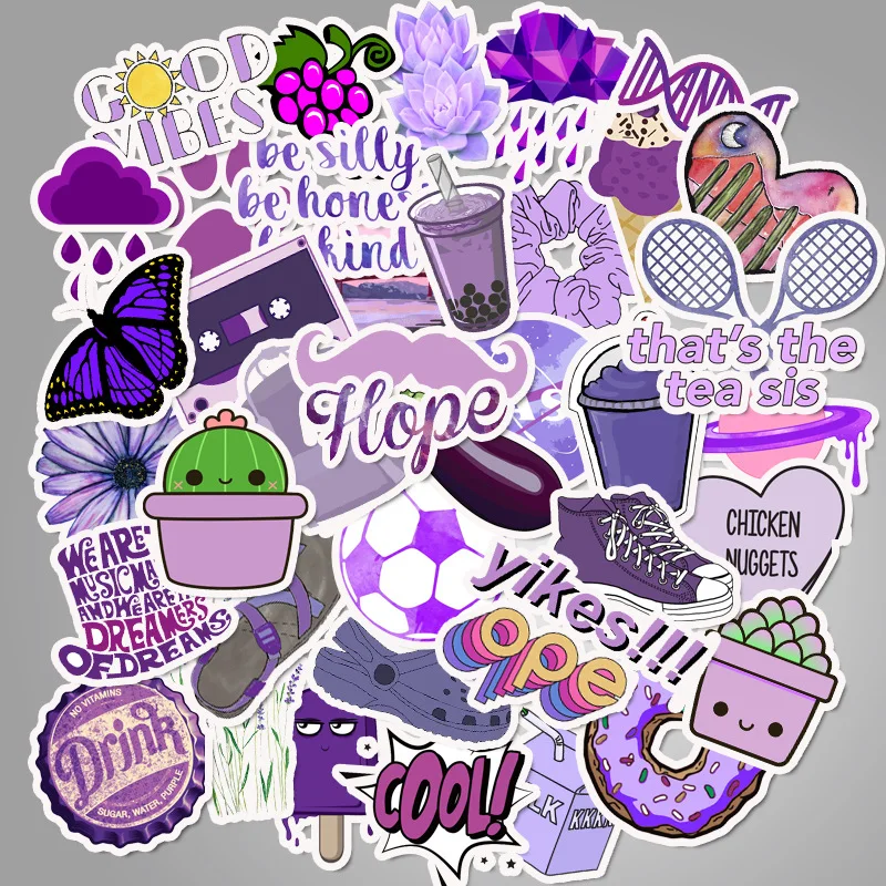 

50pcs Cartoon Purple Vsco Cute Small Fresh Stickers Pvc Waterproof Graffiti Decorative Suitcase Guitar Notebook Stickers