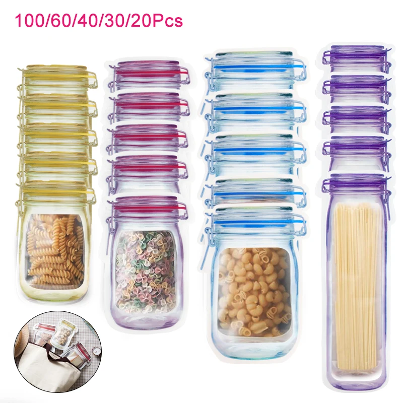 Reusable Mason Jar Zipper Bags Snack Food Storage Bag Seal Fresh Zip Lock Plastic Bags Candy Nuts Cookies Kitchen Organizer