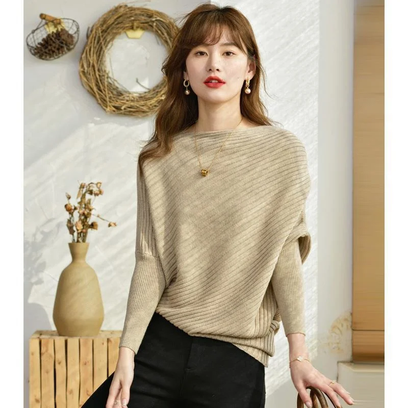

One Word Neck Bat Sweater Women Pullover Autumn Winter New Long Sleeve Jersey Mujer Black Knited Korean Fashion Tops Female Pull