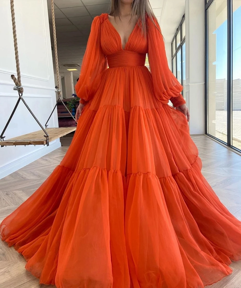 plus size prom & dance dresses Eightale Prom Dresses V-Neck Pleats Chiffon Princess Evening Gowns Long Puff Sleeves Orange Women Party Dress 2022 mini prom & dance dresses