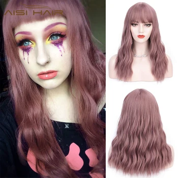 

AISI HAIR Nature Wave Wig With Bangs Pink/Silver Synthetic Long Wigs for Women Heat Resistant Fiber Hair Cosplay Wig