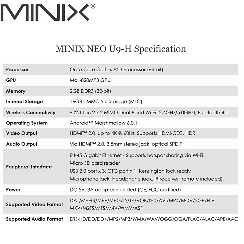 MINIX NEO U9-H+ NEO A3 Смарт ТВ коробка с голосом Вход воздуха Мышь 64-битному восьмиядерному медиа центр Android 7,1 2 Гб 4K ТВ-Приставка Smart ТВ коробка