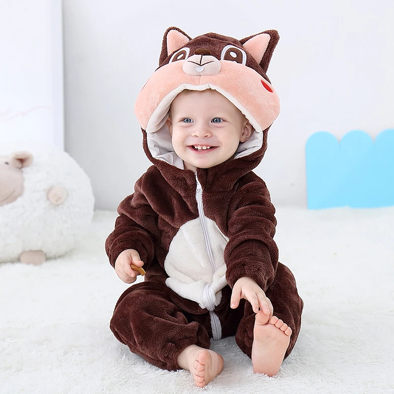 Inflant Newborn Rompers Winter Animal Onesie Kids Jumpsuit Boy Girl Overalls Baby Lion Panda Unicorn Costumes Christmas Pajamas - Color: squirrel