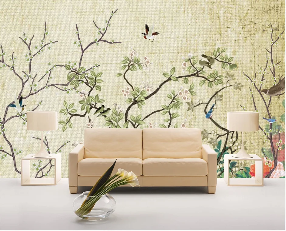 Custom high-end wallpaper-New Chinese style hand-painted brushwork flowers and birds background wall