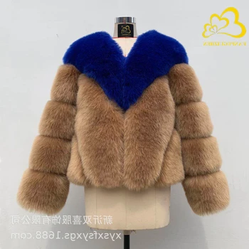 

Luxury Patchwork Contrast Color Fur Coat Women Winter Faux Fox Fur Jackets Street Fluffy Overcoat Thick Warm Fake Fur Jacket