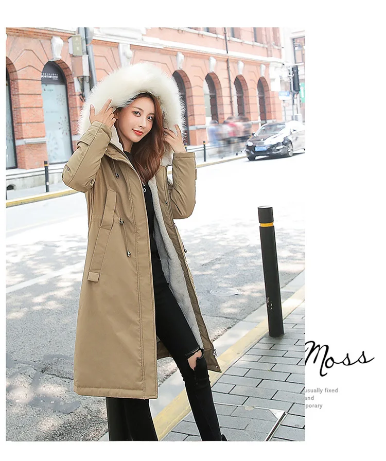 Lugentolo Женская парка,, модная, плюс бархат, толстая секция, плюс, длинная, выше колена, большой меховой воротник, сплошной цвет, повседневная куртка