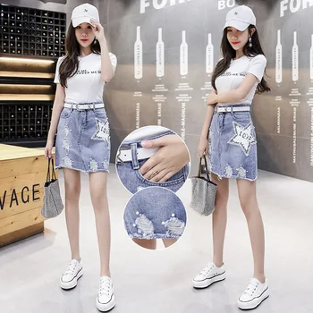 

Ozhouzhan 2020 Spring And Summer New Style High-waisted with Holes Denim Skirt Women's Fashion Sequin A- line Sheath Short Skirt