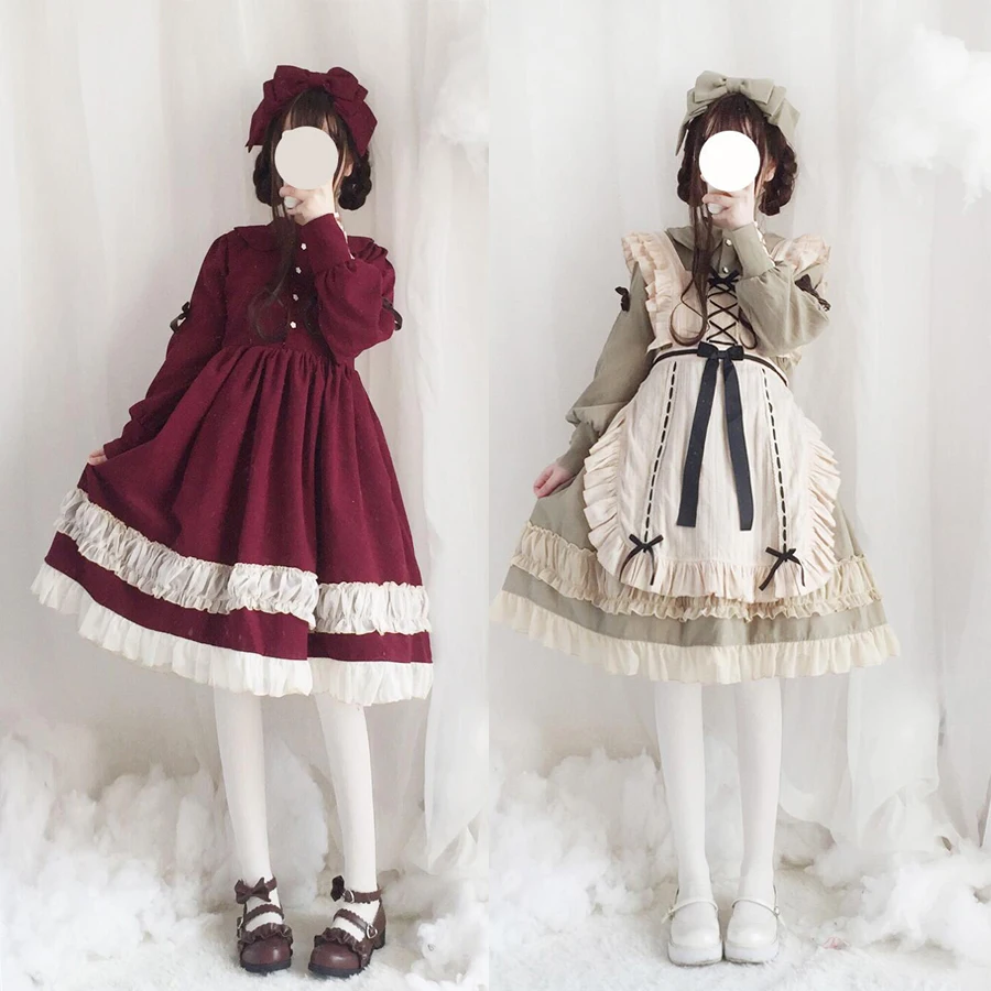 

Vintage Sweet Lolita Puff Doll Princess OP Hight Waist Falbala Dress Autumn Winter Women's Elegant Long Sleeve Bow Dress 3Colors