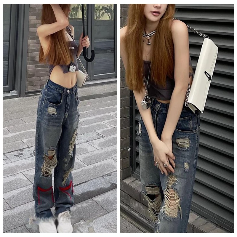 Vintage Ripped Jeans Denim Hippie Pants Hip Hop Do Old Straight Leg Jeans Women Low Waist Grunge Pants Hole Streetwear y2k Jeans