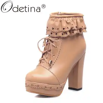

Odetina Lady Platform Zip Up Ruffles High Block Heel Ankle Boots Round Toe Lolita Shoes Low Cut Boots Floral Cross-Tied Flower