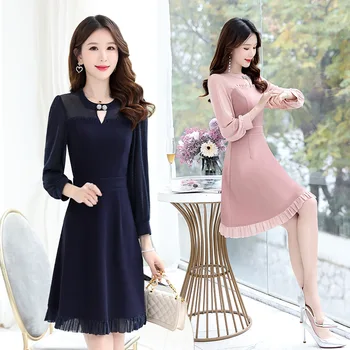 

Simple mesh stitching dress 2020 ladies long slim slimming base
