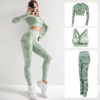 

New Color 3PCS/Set Camouflage Sport Set Women Seamless Fitness Bra High Waist Gym Camo Leggings Fitness Sports Suits Workout Set