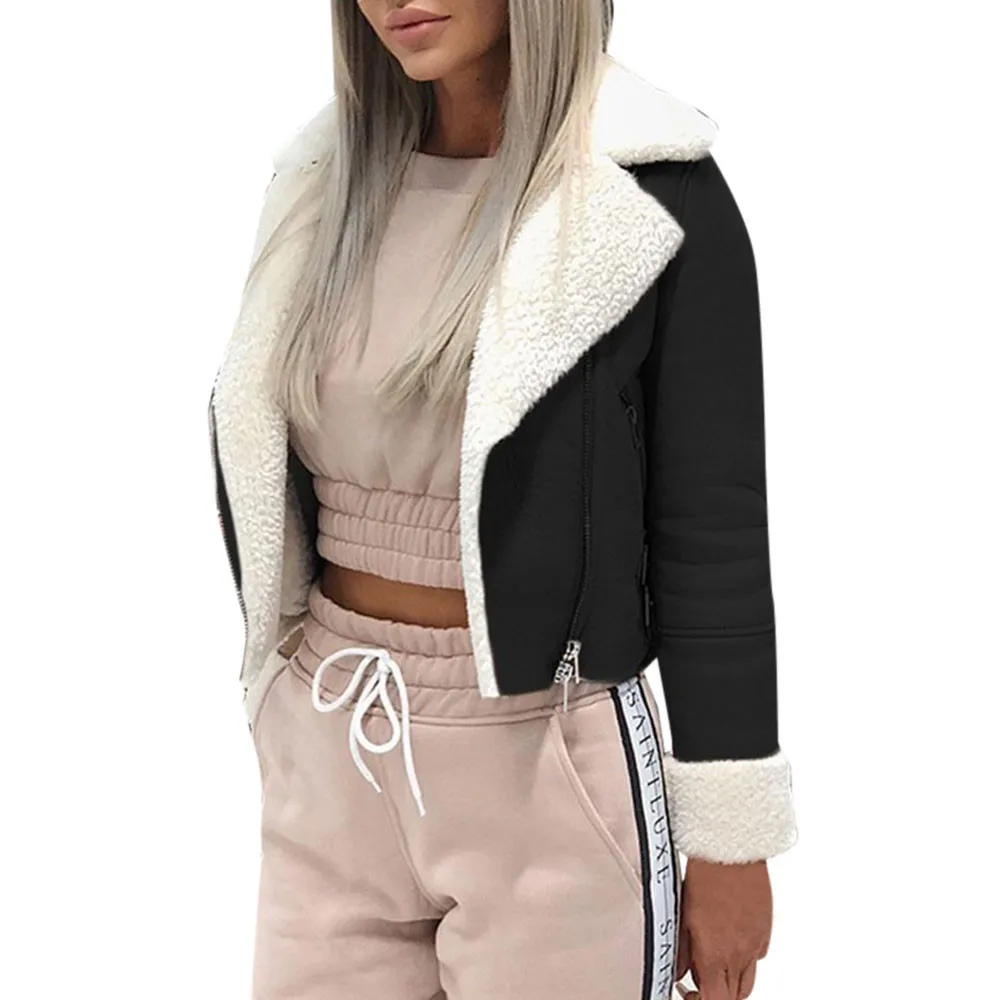 Женская куртка, Женская замшевая куртка с отворотом и пряжкой, крутая куртка пилота, искусственная овечья шерсть, мотоциклетная куртка, Женское пальто, толстовка#3s - Цвет: Black