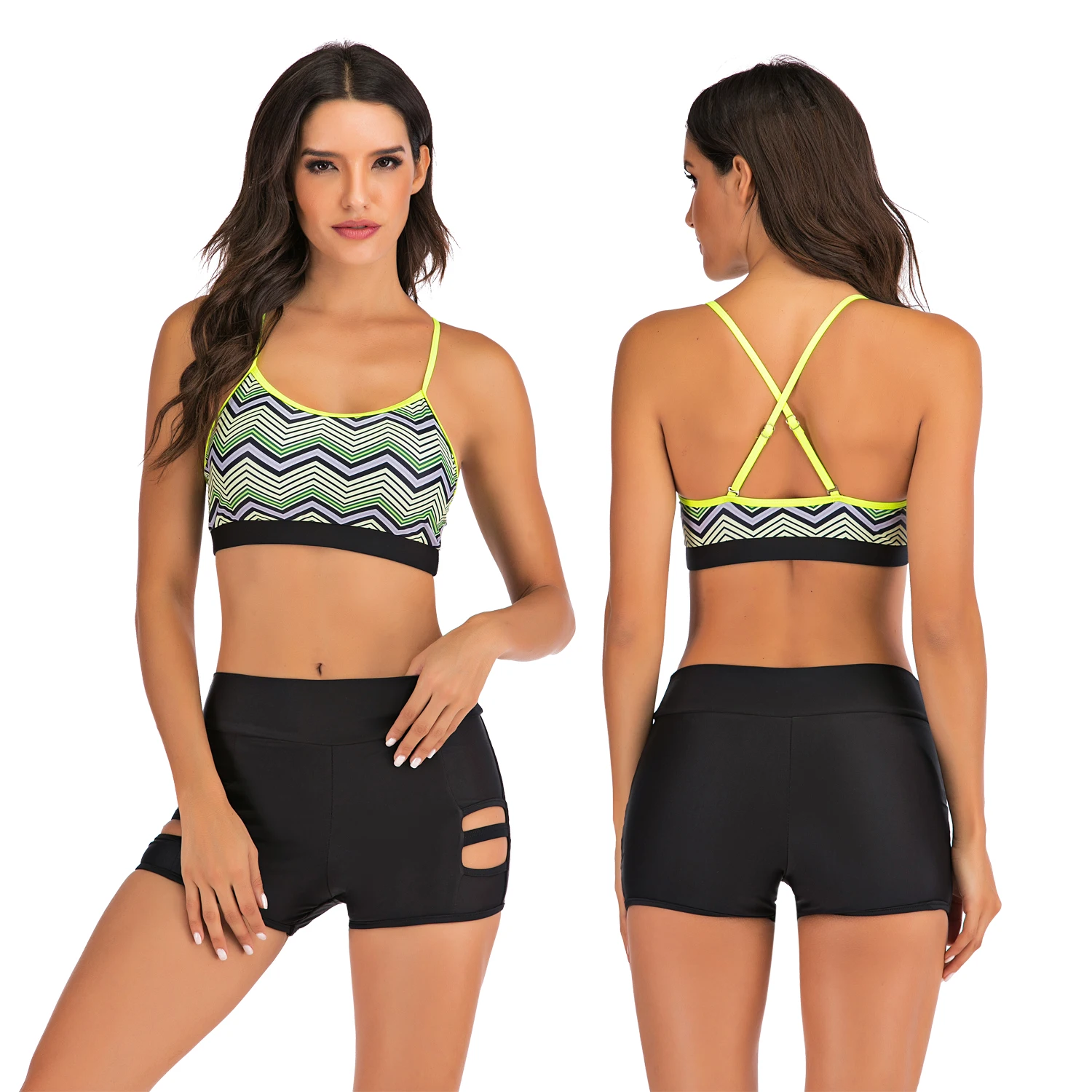 Black Shorts 2020 Bikini Swimsuit Women Print 2PCS High Waist Push-up Padded Bra Backless Set Swimwear Bathing | Женская одежда