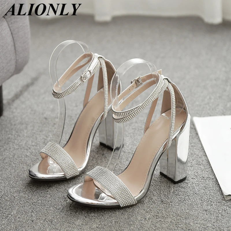 

Alionly Crystal Sexy Shoes for Women 2022 Summer Square Heel Buckle Strap Gladiator Stiletto Wedding Rhine Stone Sandals