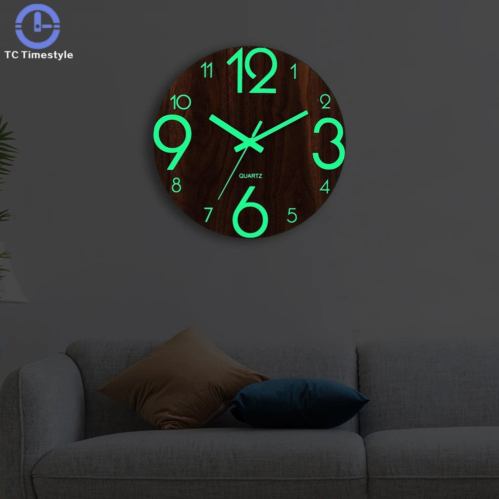 Wooden Wall Clock Luminous Number Hanging Clocks Quiet Dark Glowing Wall Clocks Modern Watches Decoration For Living Room