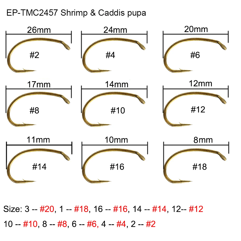 100 шт. Eupheng EP-TMC2457 рыболовные крючки для креветок и Caddis Pupa, мухи Glo-bugs, узоры для яиц, крючки для ловли нахлыстом, качественные рыболовные крючки