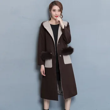 

Pockets Women Wool Blend Coat Patchwork Cashmere Jacket Slim Ladies Coats