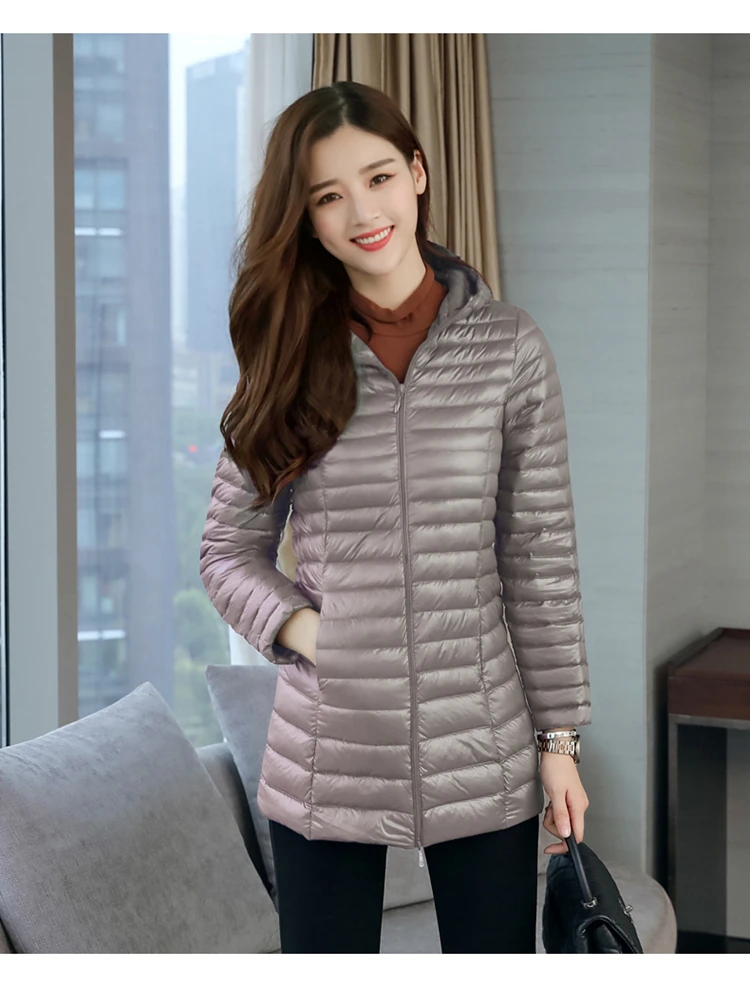 Winter Long Sleeve Thin Mid-length Slim Fit White Duck down Jacket Fashion Elegant Korean-style Cotton Overcoat