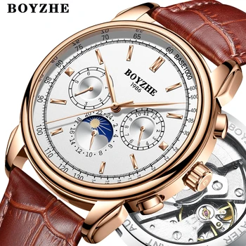 

BOYZHE Men Top Luxury Mark Automatic mechanical watches Casual Leather Moon Phase Military Week Display watches Relogio Masculin