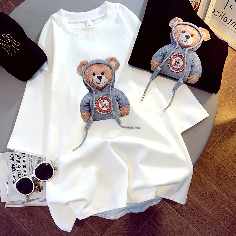 Camiseta de manga corta cepillada para mujer, ropa con estampado de oso, versión coreana, gráfica, primavera, verano y otoño, 2021