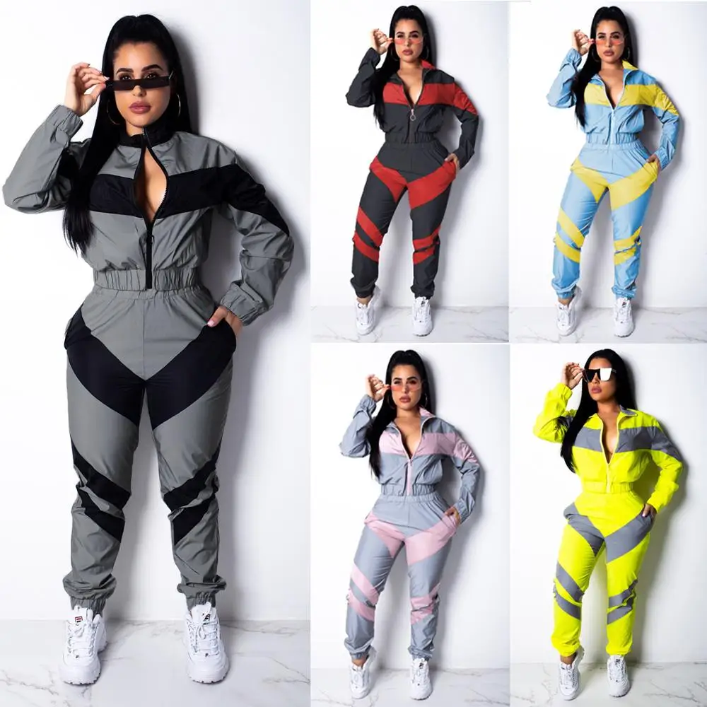 

2020 Hot Autumn Women Casual Streetwear Jumpsuit Solid Color Two-color Stitching Long-sleeved Windbreaker Suit